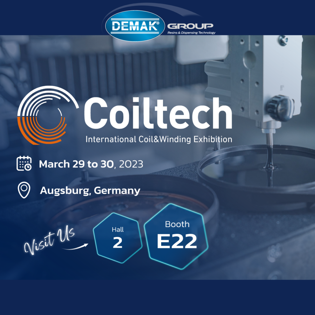 Demak group is glad to invite you to Coiltech Deutschland 2023, taking place in Augsburg on 29th and 30th March. Coiltech is a platform that brings together the leading players in the Coil winding, Insulation and Electrical Manufacturing sectors from around the world, providing a unique opportunity to exchange ideas, showcase innovations and explore business opportunities. Come to discover all the latest innovations Demak Group has been engineered for a complete potting process that will take your e-mobility components to the next level. Our team of experts will guide you in the perfect choice of the resins as well as the dispensing equipment we manufacture for your custom projects. Mark your calendar for the 29th and 30th of March and register now at the official Coiltech Deutschland 2023 website to secure your spot. We look forward to meeting you at our booth 2-E22